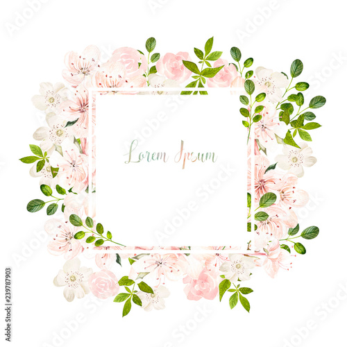Beautiful watercolor wedding card  with spring and roses flowers.