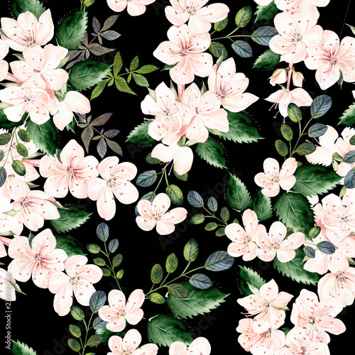 Watercolor pattern with spring flowers and green leaves.