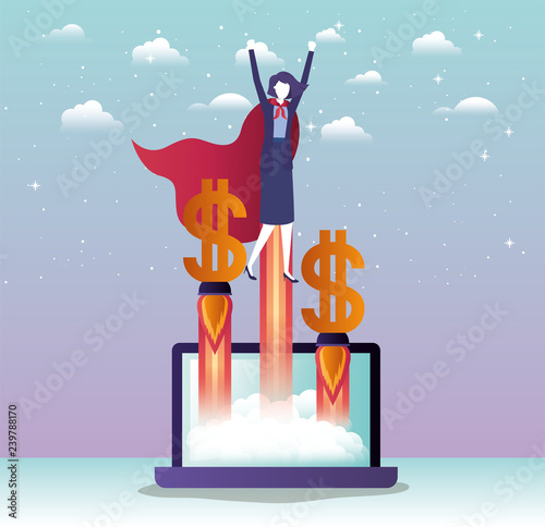 businesswoman with hero coat flying in laptop