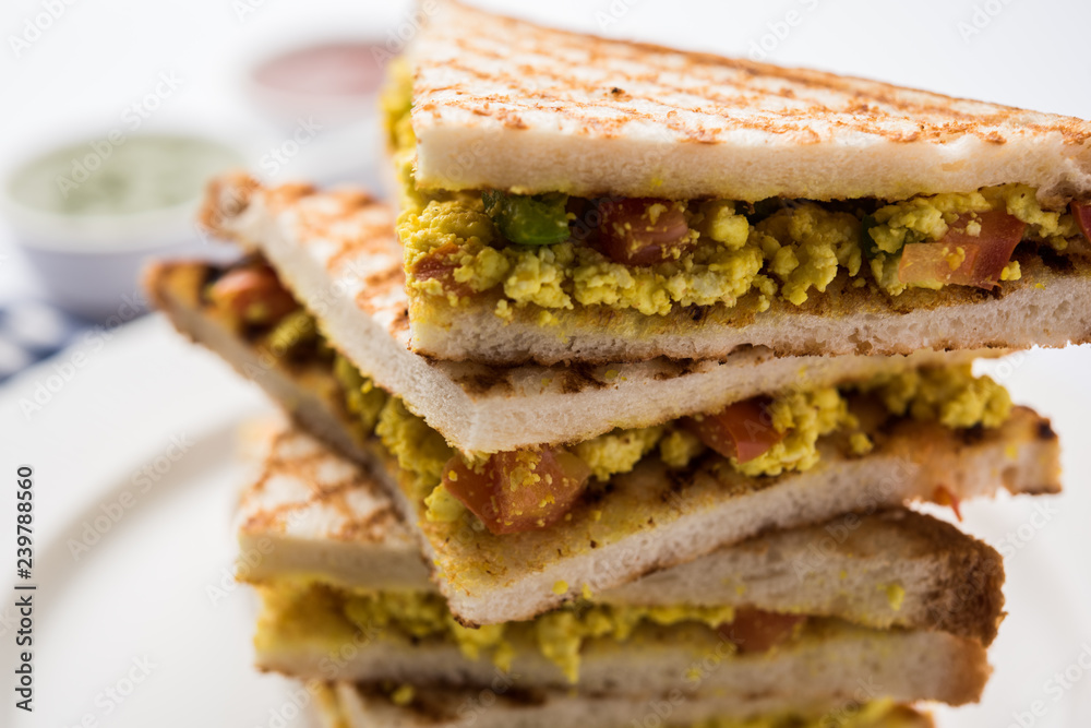 Paneer bhurji sandwich is a tasty paneer based dish made with cottage cheese.served with fresh tomato ketchup and green mint chutney. selective focus
