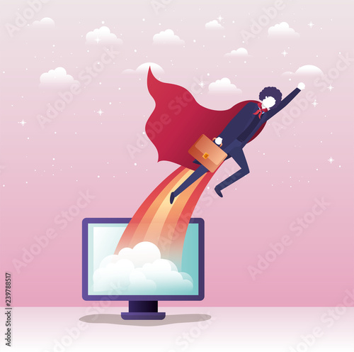 businessman with hero coat flying in desktop