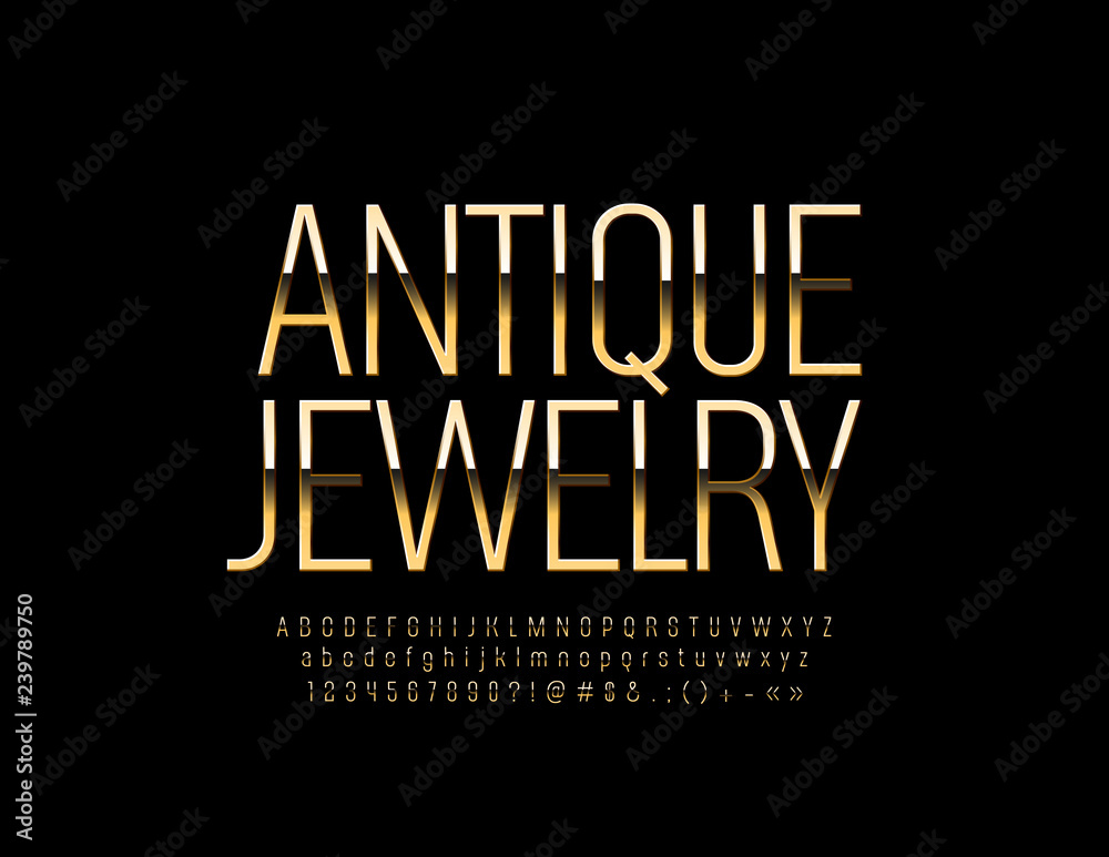 Vector Golden logo Antique Jewelry with Elegant Alphabet. Set of thin luxury Letters, Numbers and Symbols. Chic Font.