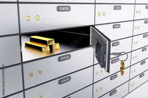 Safe deposit boxes with open one safe cell. 3D rendering. Safe lockers