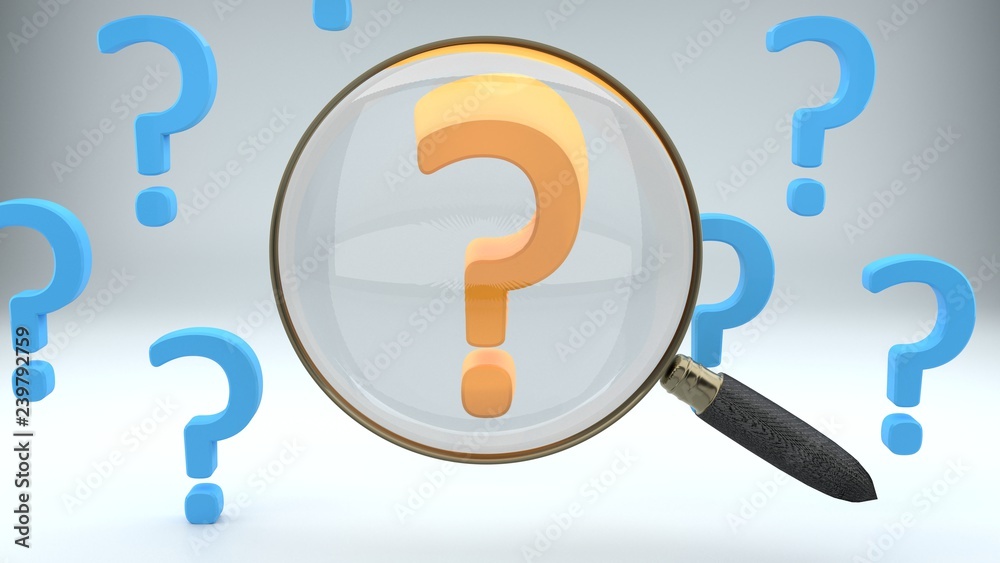 Investigating, examining, inspecting, looking for an answer, finding a solution to a problem or a question, symbolized by question marks and a magnifying glass., 3d illustration Investigating, examining, inspecting, looking for an answer, finding a solution to a problem or a question, symbolized by question marks and a magnifying glass., 3d illustration
