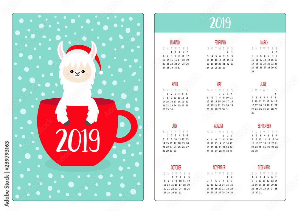 Cute Llama Alpaca Coffee Tea Cup Santa Hat Pocket Calendar Layout 19 New Year Vertical Orientation Week Starts Sunday Cartoon Kawaii Funny Baby Character Flat Design Blue Snow Background Stock Vector