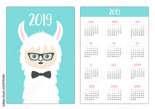 Cute alpaca llama face Glasses, black bow. Simple pocket calendar layout 2019 new year. Vertical orientation. Week starts Sunday. Cartoon funny kawaii baby character. Flat design. Blue background.