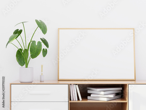 Modern living room interior with a wooden dresser and a horizontal poster mockup, 3D render