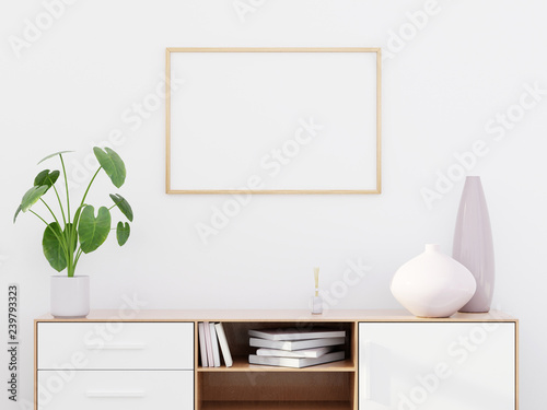 Modern living room interior with a wooden dresser and a horizontal poster mockup, 3D render photo