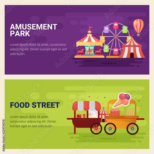 vector illustrations of carnival circus with   tent, carousels, ticket fun fair amusement park