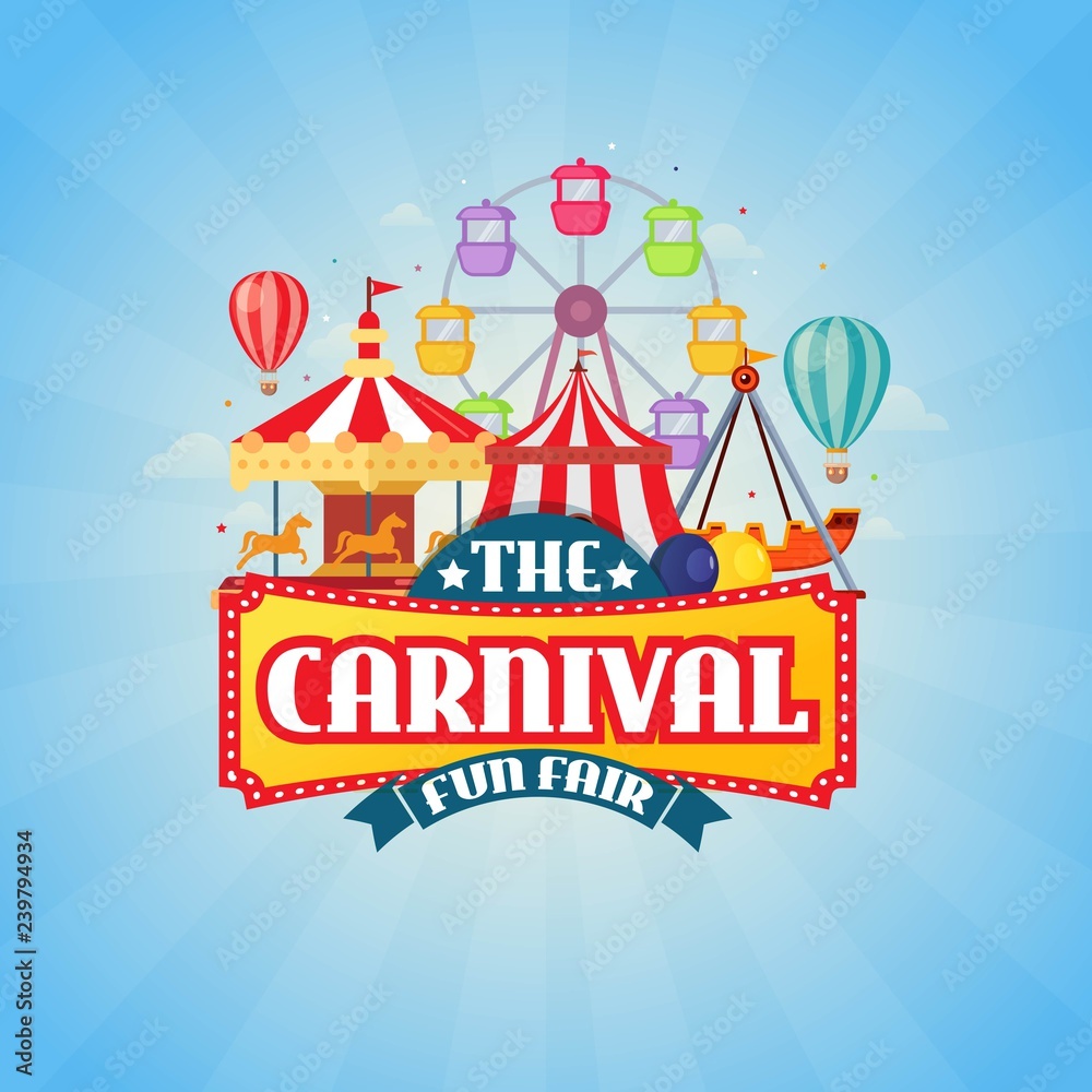 vector illustrations of carnival circus with tent, carousels, ticket ...