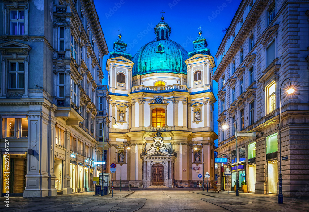 Peters Church on Petersplatz. Vienna, Austria. Evening view..