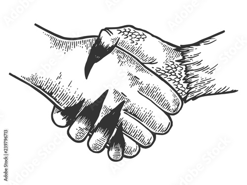 Death davil handshake engraving vector illustration. Scratch board style imitation. Black and white hand drawn image.