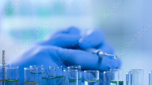 Scientific research in laboratory, liquid dripping from syringe into test tubes