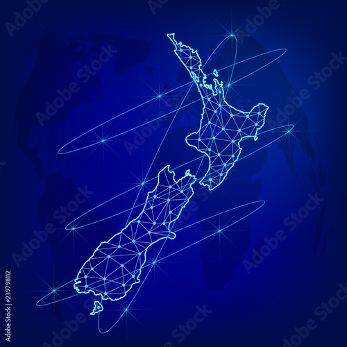 Global logistics network concept. Communications network map New Zealand on the world background. Map of New Zealand with nodes in polygonal style. Vector illustration EPS10. 