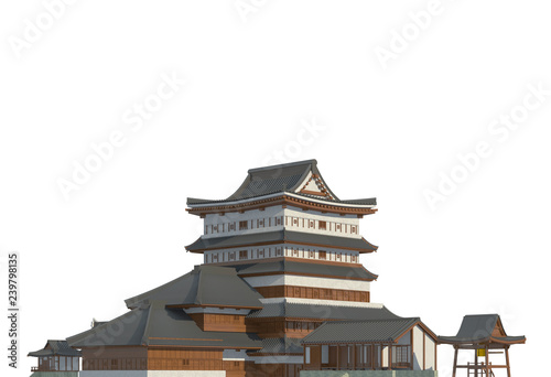 Old japanese buildings isolated on white background 3d illustration
