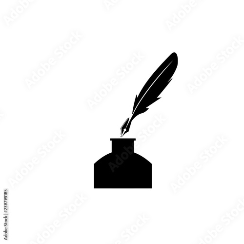 Feather pen and inkwell. Drawing of ancient stationery on white background. Concept for education. - Vector