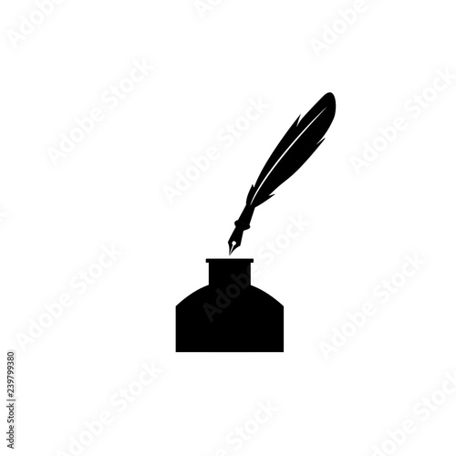 Feather pen and inkwell. Drawing of ancient stationery on white background. Concept for education. - Vector