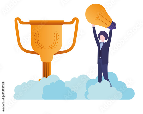 businessman in the clouds with trophy avatar character