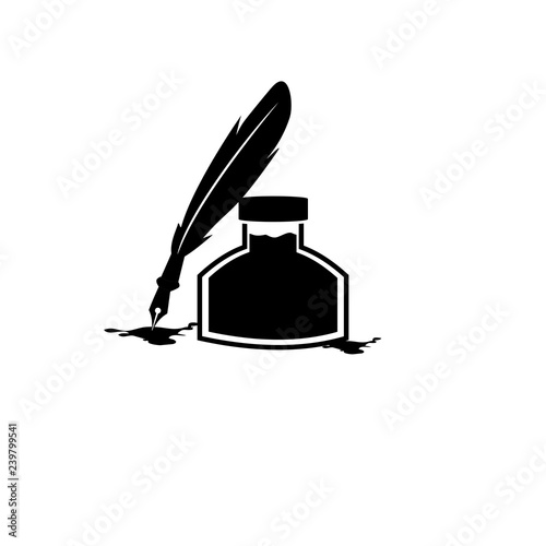 Feather pen and inkwell. Drawing of ancient stationery on white background. Concept for education. - Vector