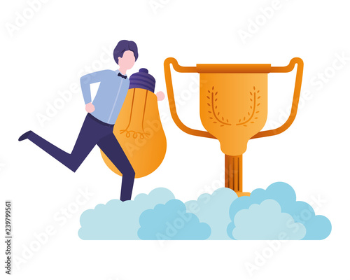 businessman in the clouds with trophy avatar character