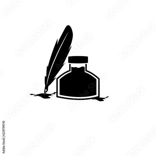 Feather pen and inkwell. Drawing of ancient stationery on white background. Concept for education. - Vector