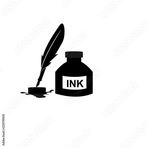 Feather pen and inkwell. Drawing of ancient stationery on white background. Concept for education. - Vector