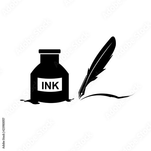 Feather pen and inkwell. Drawing of ancient stationery on white background. Concept for education. - Vector