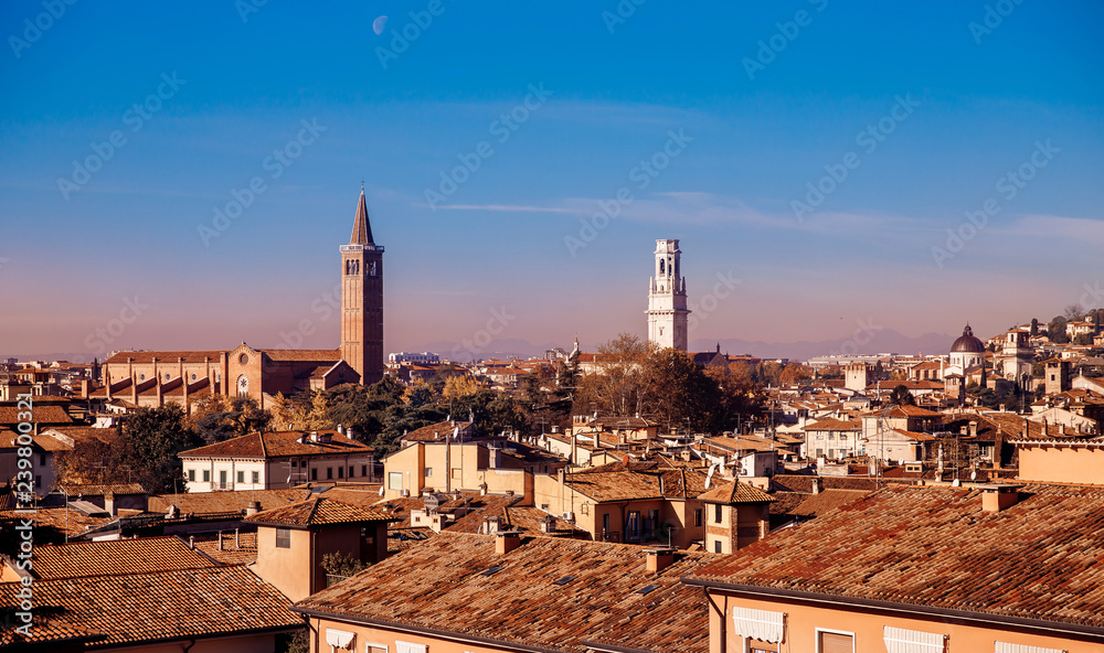 Verona, Italy. Old architecture and river, stone houses on hill