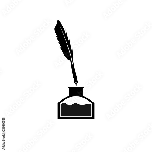 Feather pen and inkwell. Drawing of ancient stationery on white background. Concept for education. - Vector