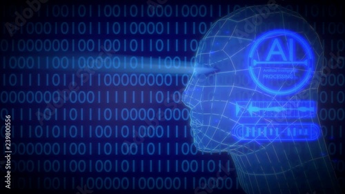 Artificial intelligence AI deep learning computer program technology - rotating characters, blue variant. Seamless loop able, 3D rendered, 4K UHD.