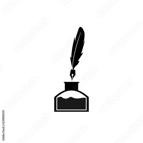 Feather pen and inkwell. Drawing of ancient stationery on white background. Concept for education. - Vector