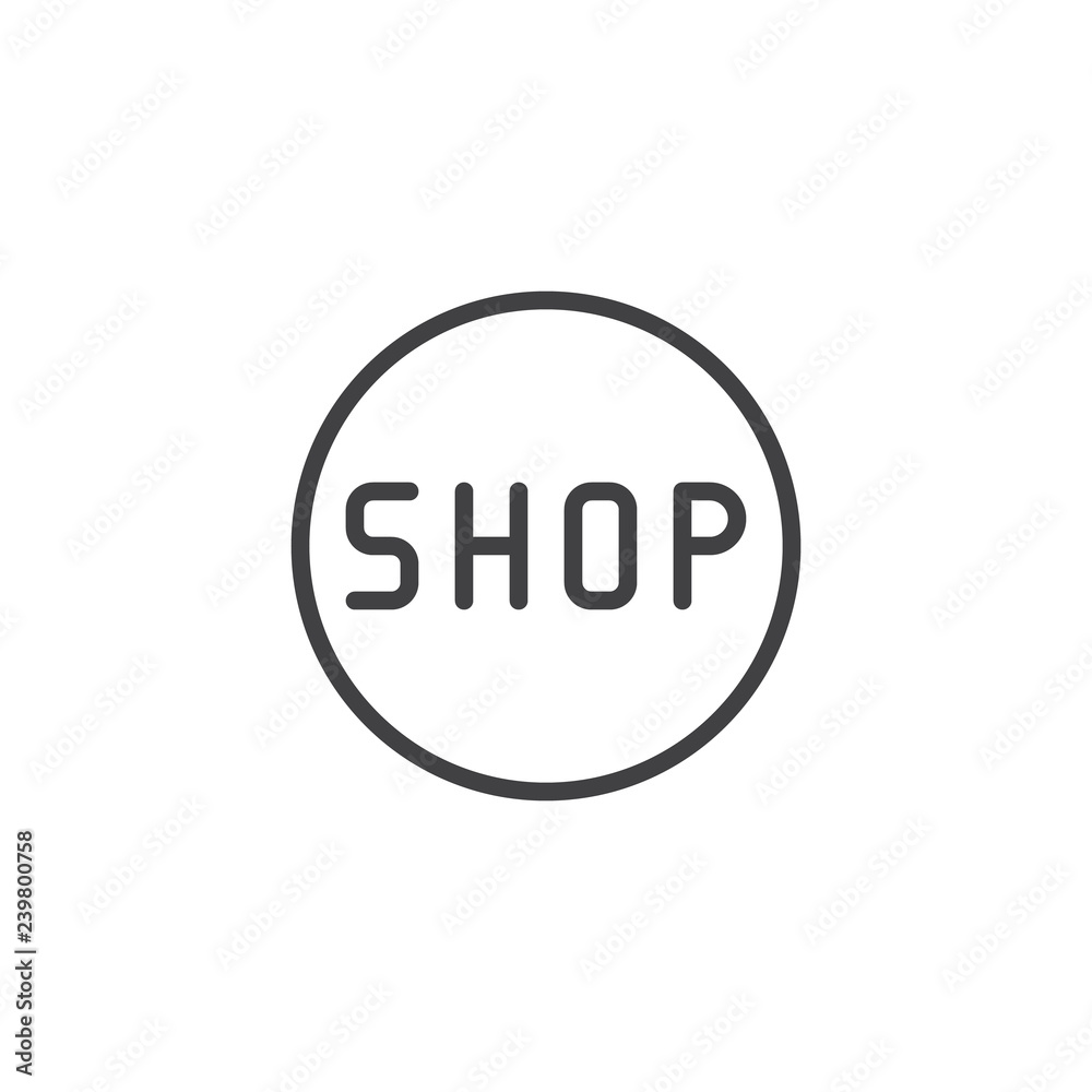 Shop button outline icon. linear style sign for mobile concept and web design. Shop circle sticker simple line vector icon. Symbol, logo illustration. Pixel perfect vector graphics Shop button outline icon. linear style sign for mobile concept and web design. Shop circle sticker simple line vector icon. Symbol, logo illustration. Pixel perfect vector graphics