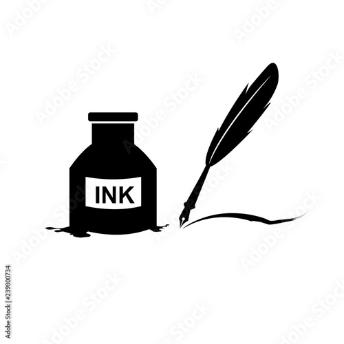 Feather pen and inkwell. Drawing of ancient stationery on white background. Concept for education. - Vector