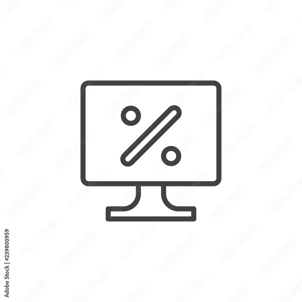 Online discount store outline icon. linear style sign for mobile concept and web design. Computer monitor with percentage simple line vector icon. Symbol, logo illustration. Pixel perfect vector Online discount store outline icon. linear style sign for mobile concept and web design. Computer monitor with percentage simple line vector icon. Symbol, logo illustration. Pixel perfect vector