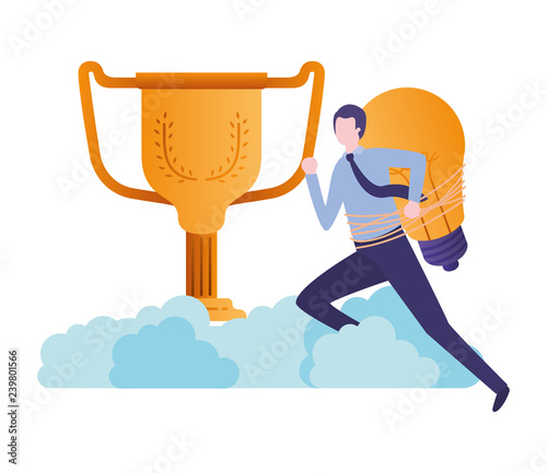 businessman with trophy and light bulb character
