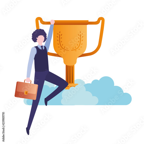 businessman in the clouds with trophy avatar character