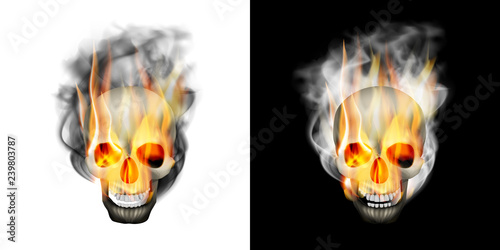Realistic human skull in the smoke and fire. Isolated object on white and black background, can be used with any image or text.