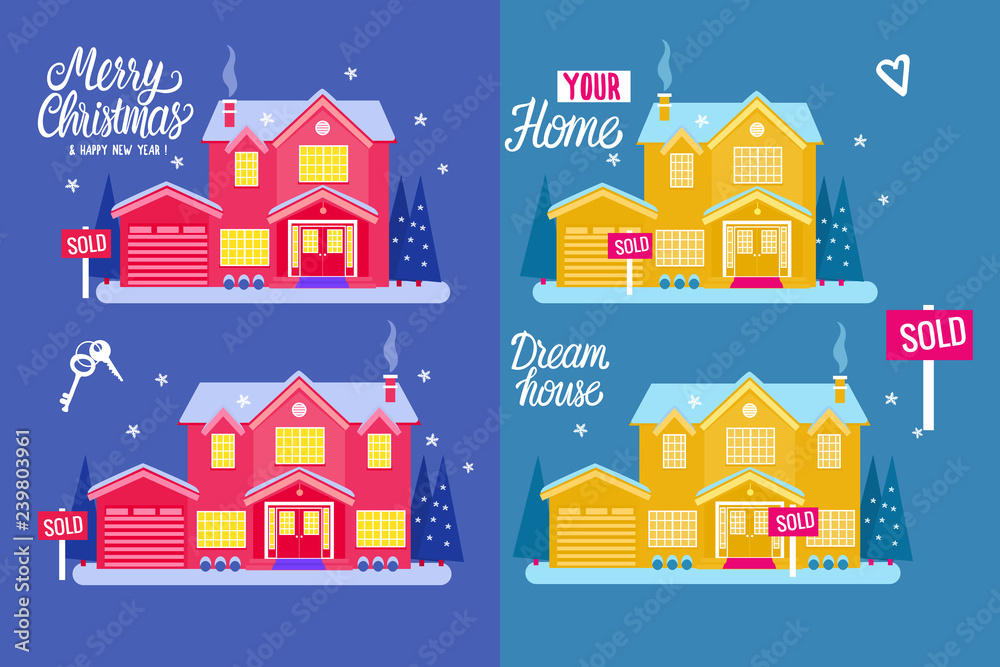 Set House two story cottage for sale. Sold sign. Flat Vector illustration on blue background. Winter magical night exterior. Merry Christmas and Happy New Year Card. Dream Home.