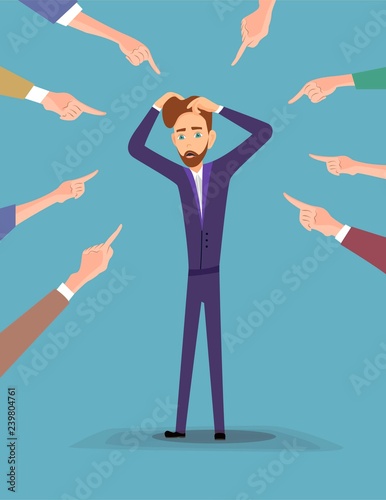 Depressed young man surrounded by hands with index fingers pointing at he. Concept of quilt, accusation, public censure and victim blaming. Flat cartoon colorful vector illustration.