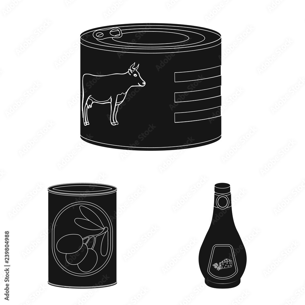 Vector illustration of can and food sign. Collection of can and package ...