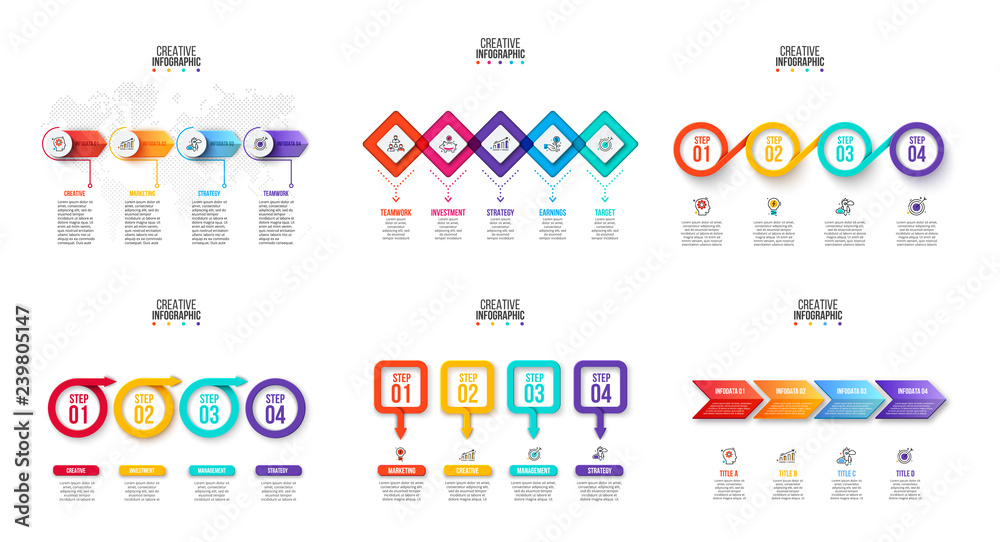 Vector infographics set. Business concept with 4 and 5 options, parts, steps or processes. Can be used for workflow layout, diagram, number options, web design Vector infographics set. Business concept with 4 and 5 options, parts, steps or processes. Can be used for workflow layout, diagram, number options, web design
