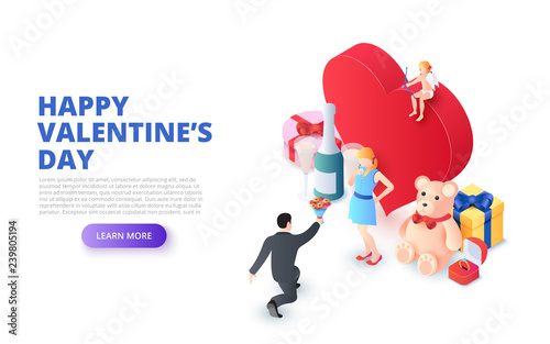 Valentines day design concept with heart and marriage proposal. Isometric vector illustration. Landing page template for web