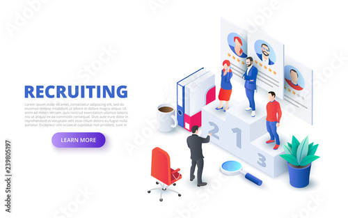 Hiring and recruitment design concept with pedestal and people. Isometric vector illustration. Landing page template for web © abert84