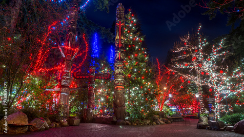 Photo Totem poles seen at night with Christmas lights in the background