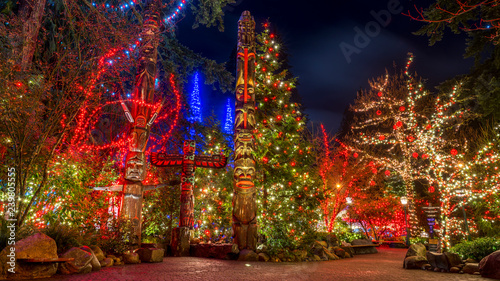 Φωτογραφία Totem poles seen at night with Christmas lights in the background