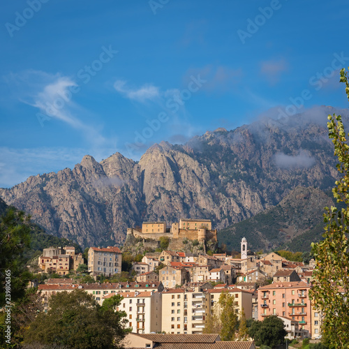 Beautiful view of the old corsicanse city Corte with the citadel on the rock, France