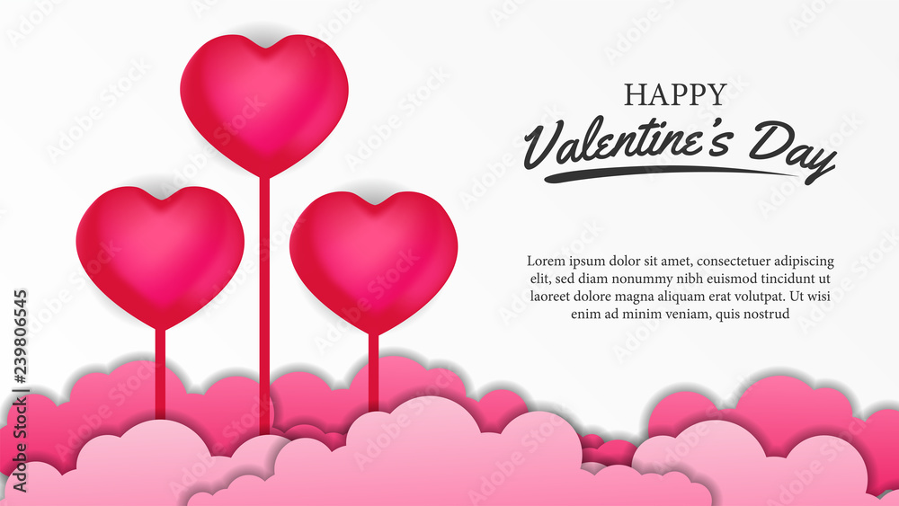 Happy Valentine's day banner poster template with 3D pink hearth. Vector illustrator