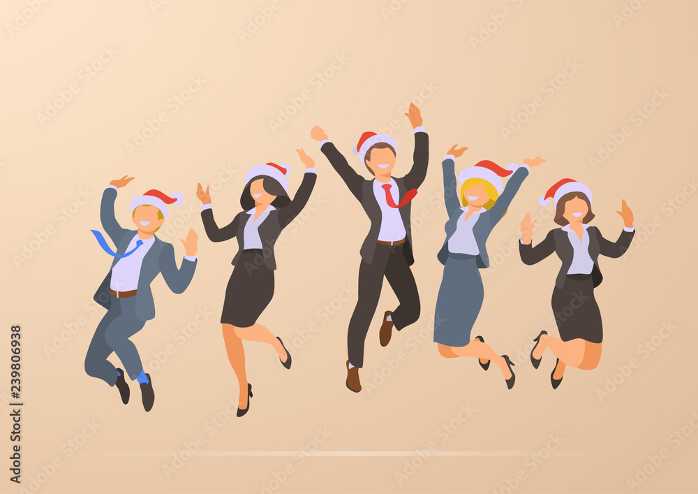 Jumping Happy Business People Christmas Party flat vector