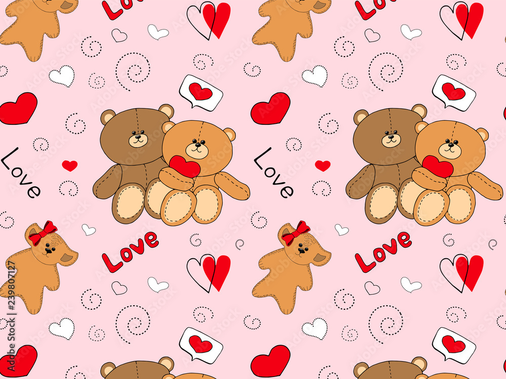 Cute seamless pattern design decorated with cloud, star,heart shape and sleeping bear for baby bedroom wallpaper.
