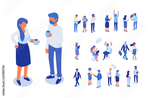 Teamwork. Isomeric business people.  Man and woman. Flat vector characters isolated on white background.
